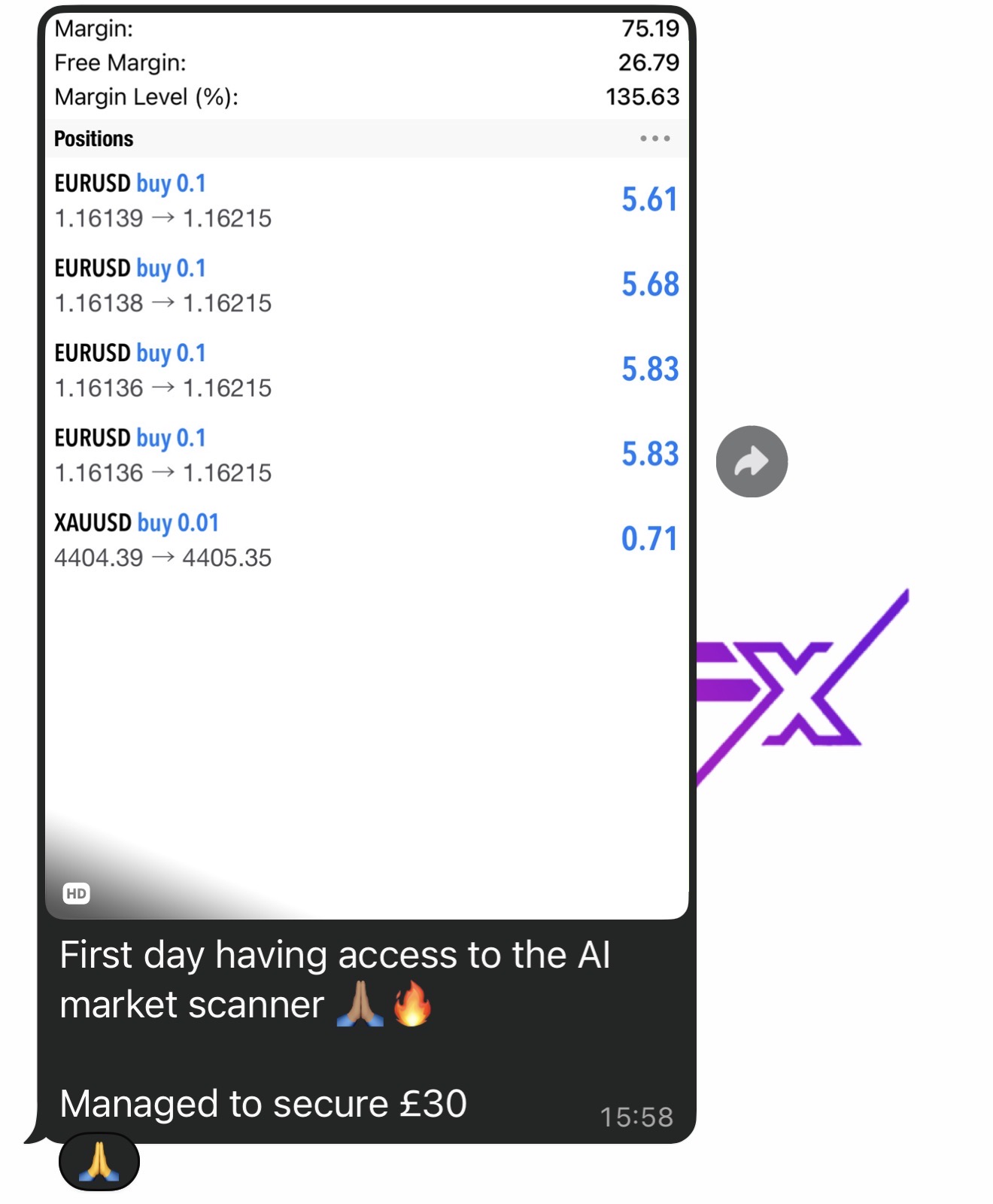 PKFX member: First day having access to the AI market scanner. Managed to secure £30