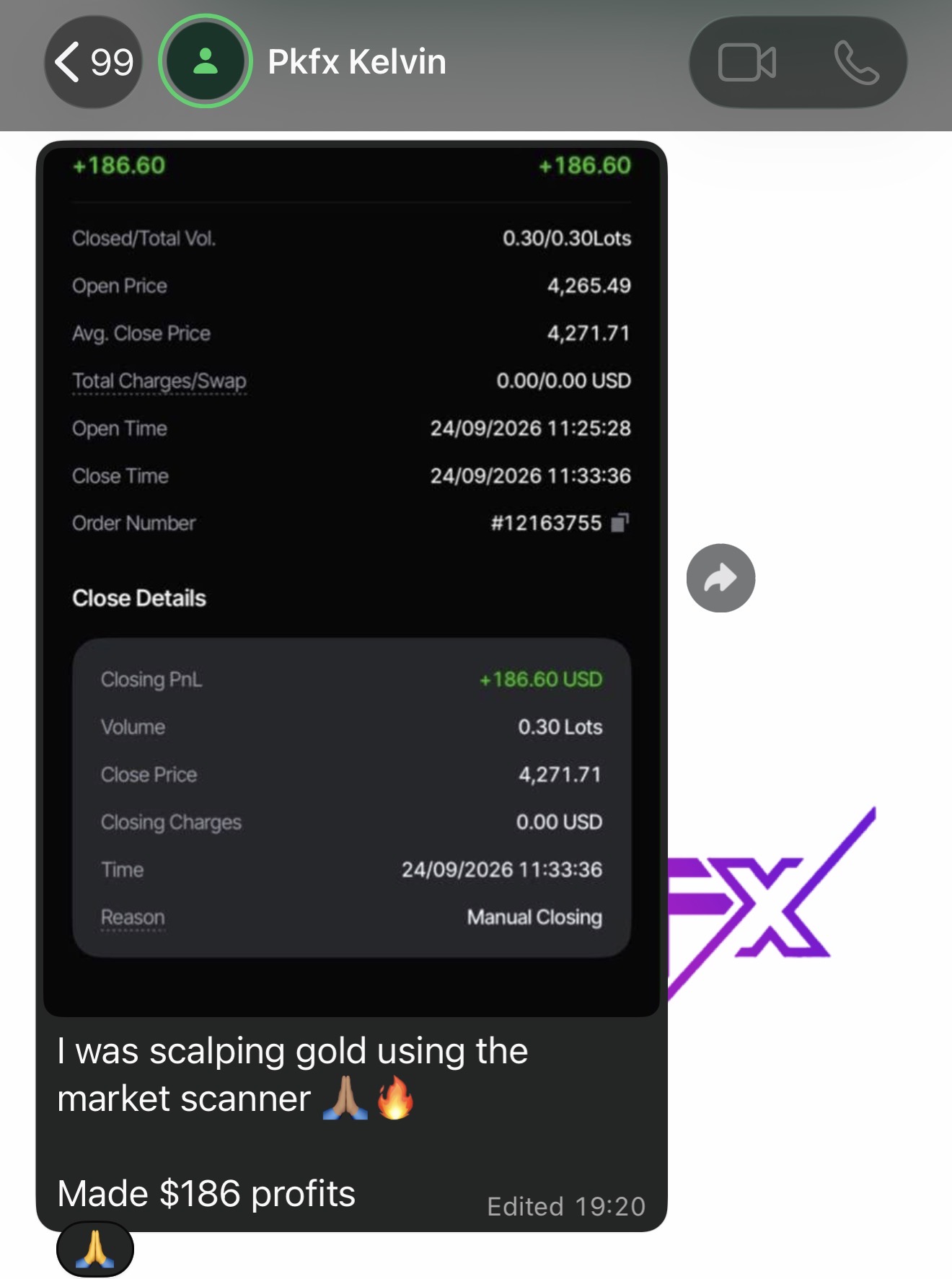 Kelvin: I was scalping gold using the market scanner. Made $186 profits